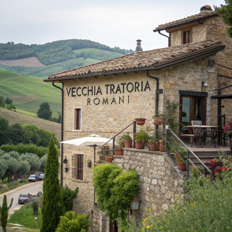Facciata storica della Vecchia Trattoria Romani a Querciagrossa